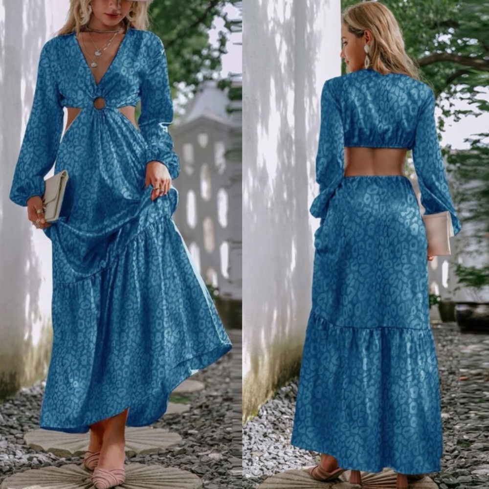 Boho blue cutout open back ruffle hem lantern sleeve maxi dress